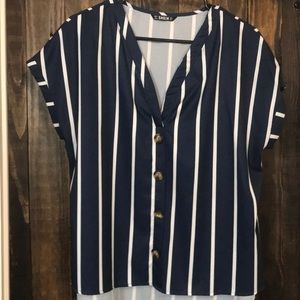 Shein hi low navy white stripe button down